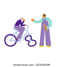 Elderly man on a bicycle has a broken tire. Grandfather cyclist is in the panic. Bike has a bended tire. Need a service help. Repairer greats welcome him.  Flat vector illustration  