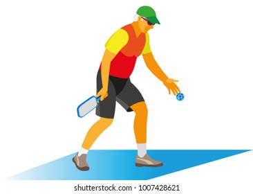 An elderly man on the court with a racket play in pickleball