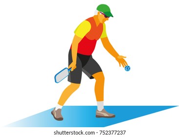 An elderly man on the court with a racket play in pickleball