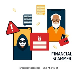 Elderly man on the phone screen and telephone fraud. Concept of financial scammer, cyber crime, data hacking. Vector flat illustration isolated on white background.