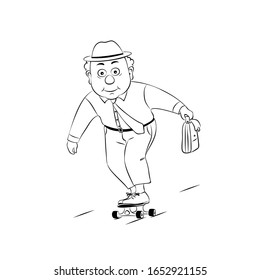 An elderly man on a skateboard.Vector illustration of a linear silhouette on a white background.