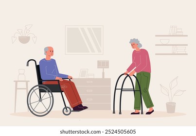 An elderly man on a wheelchair and a gray-haired woman with a walker in a room in a nursing home.