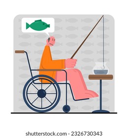 Elderly man on wheelchair sitting at home and fishing. Dreaming of catching big fish. Happy old age. Rehabilitation for elderly people. Flat vector illustration in cartoon style