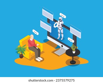 Elderly man with online robot consultation isometric 3d vector illustration concept for banner, website, illustration, landing page, flyer, etc