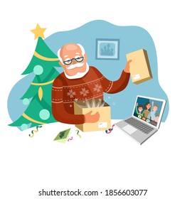 An elderly man opens a parcel from his children. Give gifts to your parents, stay at home. Children and grandchildren wish their grandfather a Merry Christmas online. Cartoon vector illustration