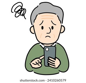 An elderly man operates a smartphone with an anxious expression.