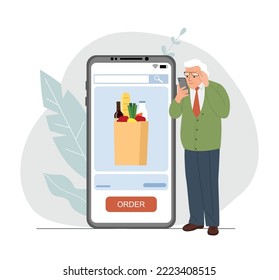 Elderly man ordering groceries for home delivery from her smartphone. Vector illustration. 