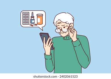 Elderly man orders medicines for home delivery using mobile phone from pharmacy application. Pensioner reads recommendations of ministry of health on use of medicines to treat diseases.