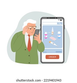 Elderly man orders medicines through an application on a smartphone. Vector illustration.