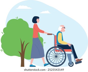 Elderly man outdoor. Woman push wheelchair with disabled senior