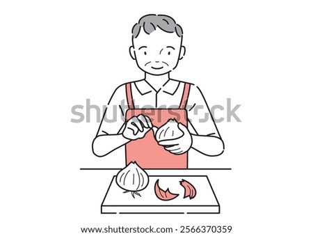 elderly man peeling an onion