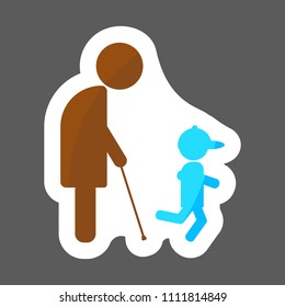  An elderly man, a pensioner walks with his young grandson. Vector  colored sticker. Layers grouped for easy editing illustration.  For your design.