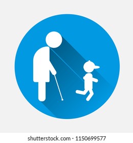 An elderly man, a pensioner walks with his young grandson  in circle with  long shadow on blue background. Layers grouped for easy editing illustration. For your design.