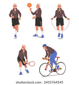 Hombre Mayor Que Realiza Varias Actividades Incluyendo Saltar Cuerda, Jugar Baloncesto, Tenis, Trotar Y Montar En Bicicleta. Personaje Masculino Viejo Equipado Con Una Camiseta, Versiones cortas Y Zapatillas De Ejercicio