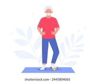 Elderly man performs exercises for the muscles of the foot. Massage for relieve muscle tension and improve circulation