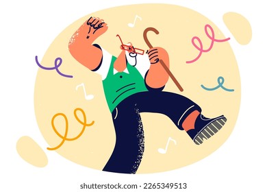 Elderly man performs wand waving dance celebrating anniversary party. Elderly man of retirement age with gray beard leads energetic lifestyle and dances enjoying holiday and birthday party 