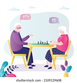 Elderly man playing chess with his wife. Grandmother makes move with piece on chessboard. Pensioners playing and enjoy logic game. Hobby of older people. Grandpa strategizes. Flat vector illustration