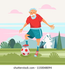 An elderly man playing football in the fresh air. He leads a healthy and active lifestyle. Vector illustration in cartoon style.