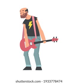 Elderly Man Playing Guitar, Old Man Musician Character Cartoon Style Vector Illustration