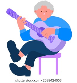 elderly man playing guitar and singing, live music performance flat vector illustration