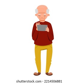 An elderly man is playing on a tablet.