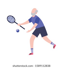 Elderly man playing tennis cartoon character flat vector illustration isolated on white background. Senior people active lifestyle and sport workout for longevity.