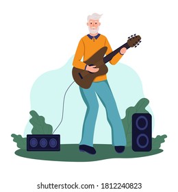 An elderly man plays guitar in a Park. The concept of active old age. Day of the elderly. Flat cartoon vector illustration.