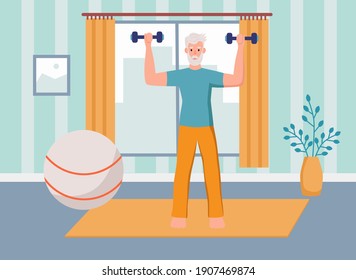 An elderly man plays sports at home.. The concept of active old age, sports, and yoga. Day of the elderly. Flat cartoon vector illustration.