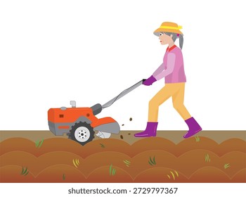 Un anciano está arando el campo con un tractor.