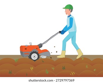 Un anciano está arando el campo con un tractor.
