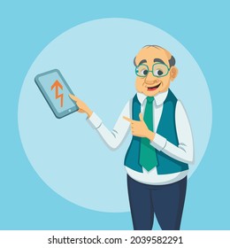 Elderly man pointing at arrow on tablet