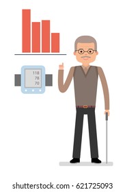 An elderly man points to chart raise blood pressure, close pressure gauge man. Medical and health care. Flat vector illustration