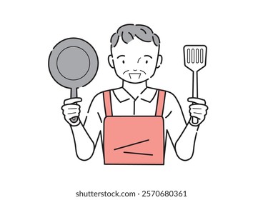 Elderly man posing with cooking utensils