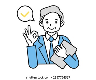 A elderly man posing for the OK sign. Vector figure illustration on white background. Business person. Confirmation, review, inspection.