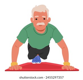 Elderly Man Practices Push-ups On A Yoga Mat, Embodying Vitality And The Pursuit Of A Healthy Lifestyle. Character With Strong Arms Showing Strength And Resilience. Cartoon People Vector Illustration