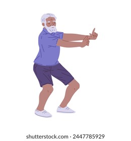 An elderly man practices tai chi. Vector illustration of an elderly man doing morning exercises aimed at increasing flexibility and well-being on an isolated background.