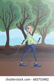 An elderly man practicing nordic walking with sticks outdoors. Active lifestyle and sport activities in old age. Vector illustration.