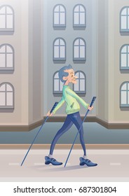 An elderly man practicing nordic walking with sticks on city street. Active lifestyle and sport activities in old age. Vector illustration.