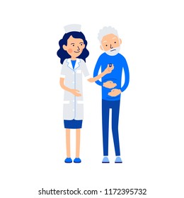 Elderly man presses his hands to sick belly. Doctor or nurse offers him pill for abdominal pain. Illustration of people characters isolated on white background in flat style.