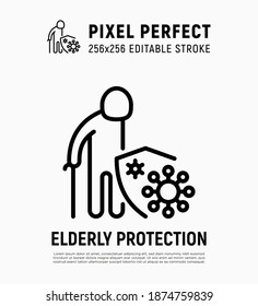 Elderly man protection by shield from coronavirus. Nursing home trust. Thin line icon. Pixel perfect, editable stroke. Vector illustration.