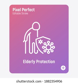 Elderly man protection by shield from coronavirus. Nursing home trust. Thin line icon. Pixel perfect, editable stroke. Vector illustration.