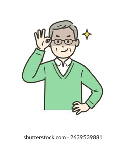 An elderly man pushing up his glasses and grinning slyly