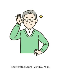 An elderly man pushing up his glasses and grinning with confidence