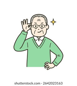 An elderly man pushing up his glasses and grinning with confidence