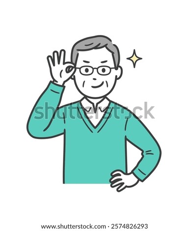 An elderly man pushing up his glasses and grinning with confidence