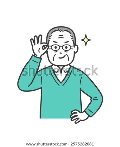 An elderly man pushing up his glasses and grinning with confidence