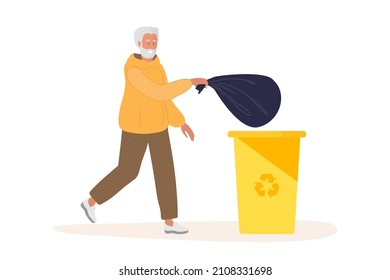 Elderly man puts garbage bag in garbage can. Black trash bag, yellow trash container. Senior man with gray hair and beard wearing casual clothes. Waste management. Colored cartoon vector illustration