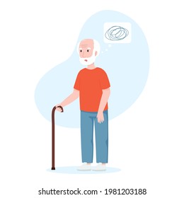 Elderly man with question marks. Senile dementia concept.