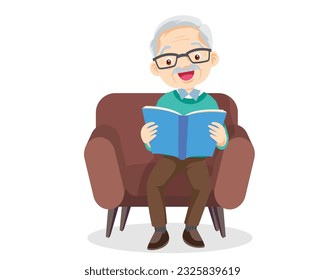 elderly man reading book on sofa