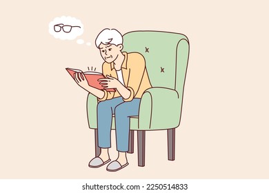 Elderly man reading book thinks about need to buy glasses to improve vision. Gray-haired human sits in chair realizing that he is starting to lose sight while studying literature. Flat vector design 